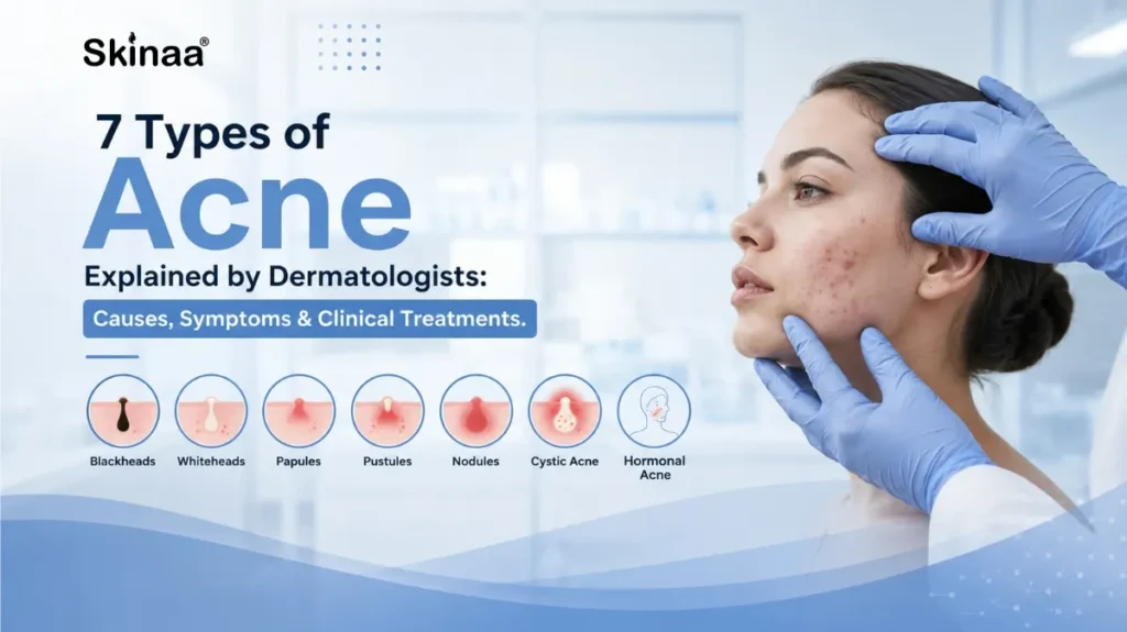 Medical infographic explaining the 7 types of acne including blackheads, whiteheads, papules, pustules, nodules, cystic acne and hormonal acne with dermatologist skin examination.