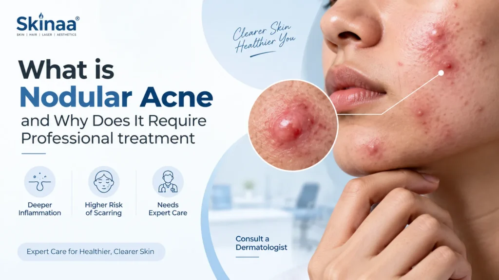 Nodular acne on facial skin with a dermatologist-focused visual explaining why professional treatment is needed.