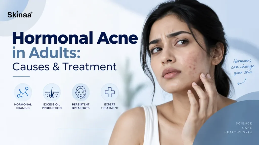 Hormonal acne in adults showing facial breakouts with a clean blue-and-white dermatology clinic design.
