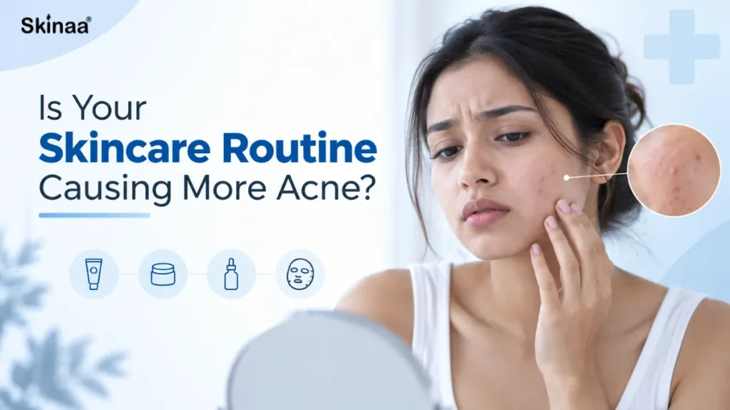 Is Your Skincare Routine Causing More Acne? — dermatologist-themed blue and white blog banner showing a woman with acne-prone skin.