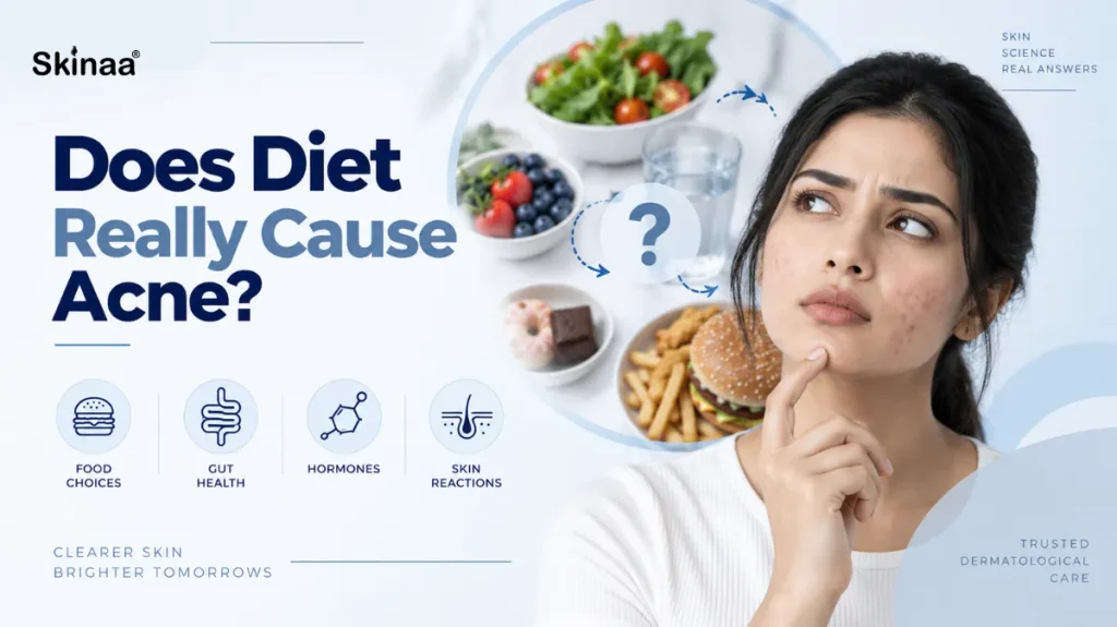 Does diet really cause acne? A dermatologist-style blue and white blog graphic showing a woman with acne alongside healthy and processed foods, highlighting the connection between diet and skin health.