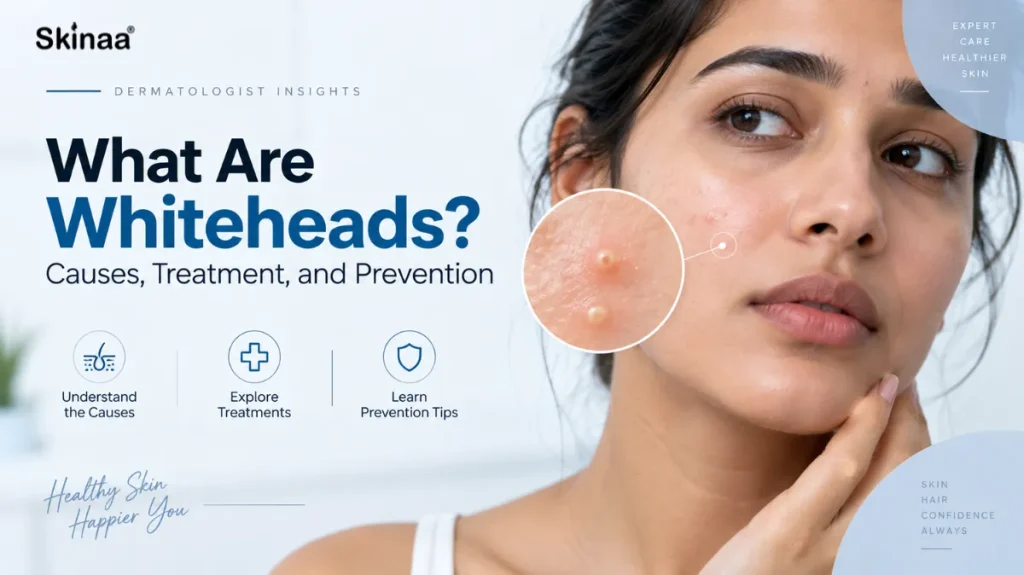 Dermatologist-style blue and white blog banner showing a woman with visible whiteheads on her cheek, with the headline “What Are Whiteheads? Causes, Treatment, and Prevention.”