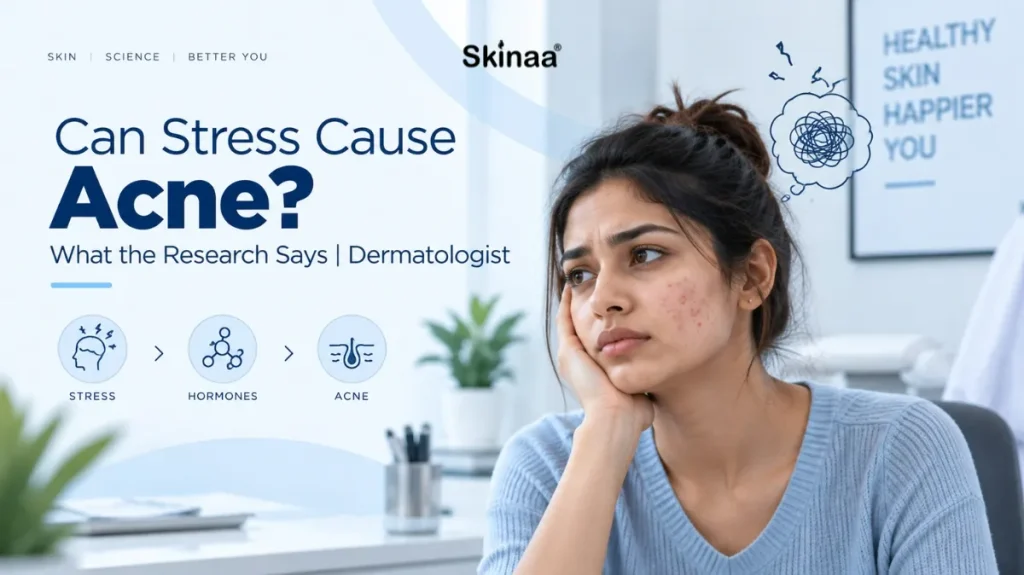 Can stress cause acne? Young woman with acne-prone skin in a dermatology clinic, illustrating the link between stress, hormones, and acne.