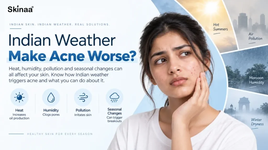 Indian woman with acne-prone skin alongside visuals representing hot summers, monsoon humidity, air pollution, winter dryness, and seasonal changes.