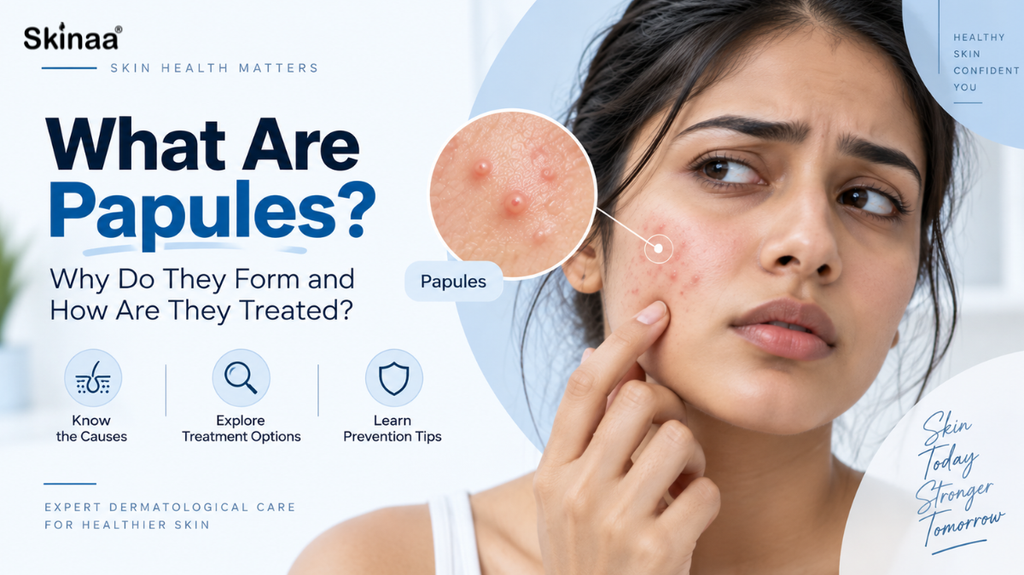 Dermatology blog banner showing a woman with facial papules, a magnified view of papules, and the headline “What Are Papules? Why Do They Form and How Are They Treated?”