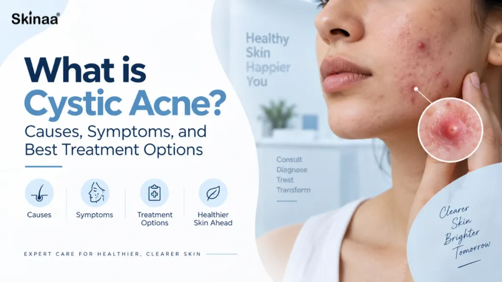 Cystic acne on facial skin with a dermatologist clinic-themed blue and white background, illustrating causes, symptoms, and treatment options.