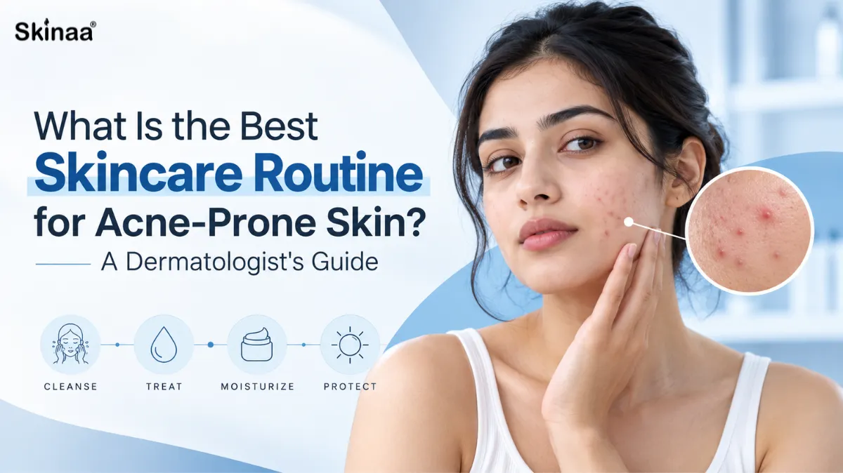 What Is the Best Skincare Routine for Acne-Prone Skin? A Dermatologist's Guide featuring a woman with acne-prone skin and four skincare steps: cleanse, treat, moisturize, and protect.