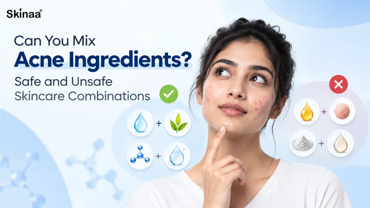 Can you mix acne ingredients? Dermatology-themed illustration explaining safe and unsafe skincare ingredient combinations for acne-prone skin.